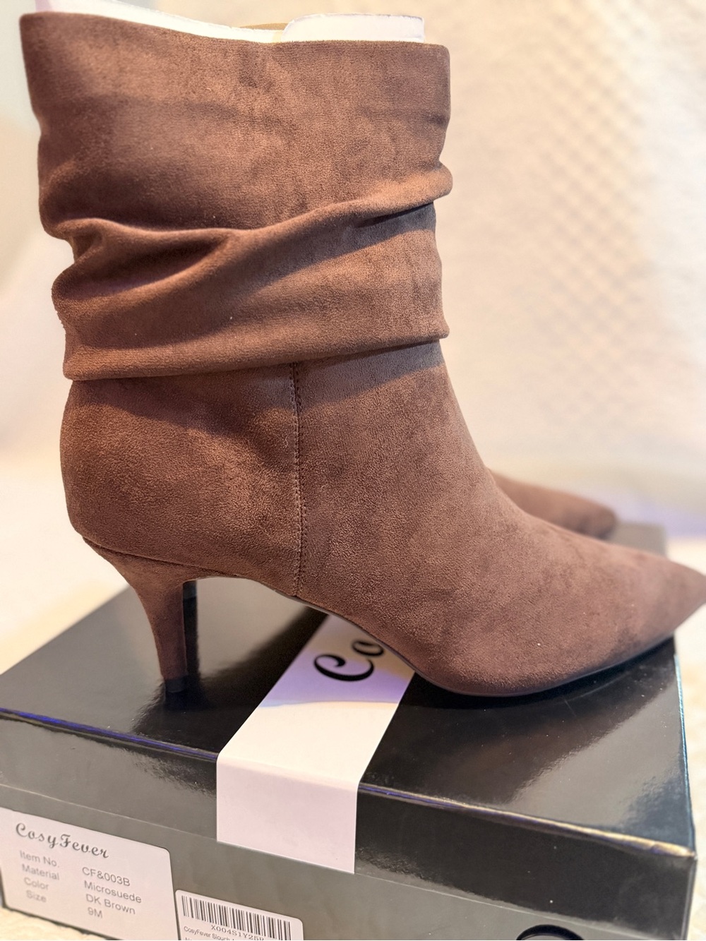 Fever Dark Brown Slouchy Pointed-Toe Mid-Heel Ankle Boots